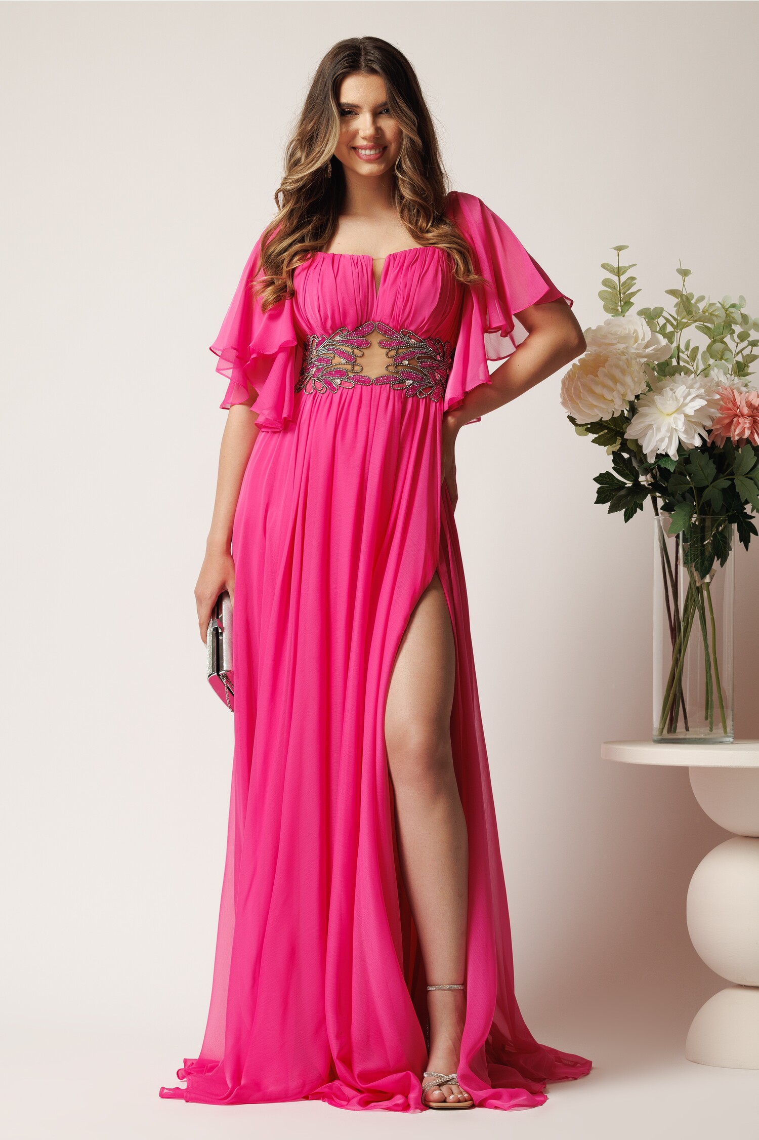 Rochie Lungă Fucsia cu Strasuri | Eleganță Asigurată