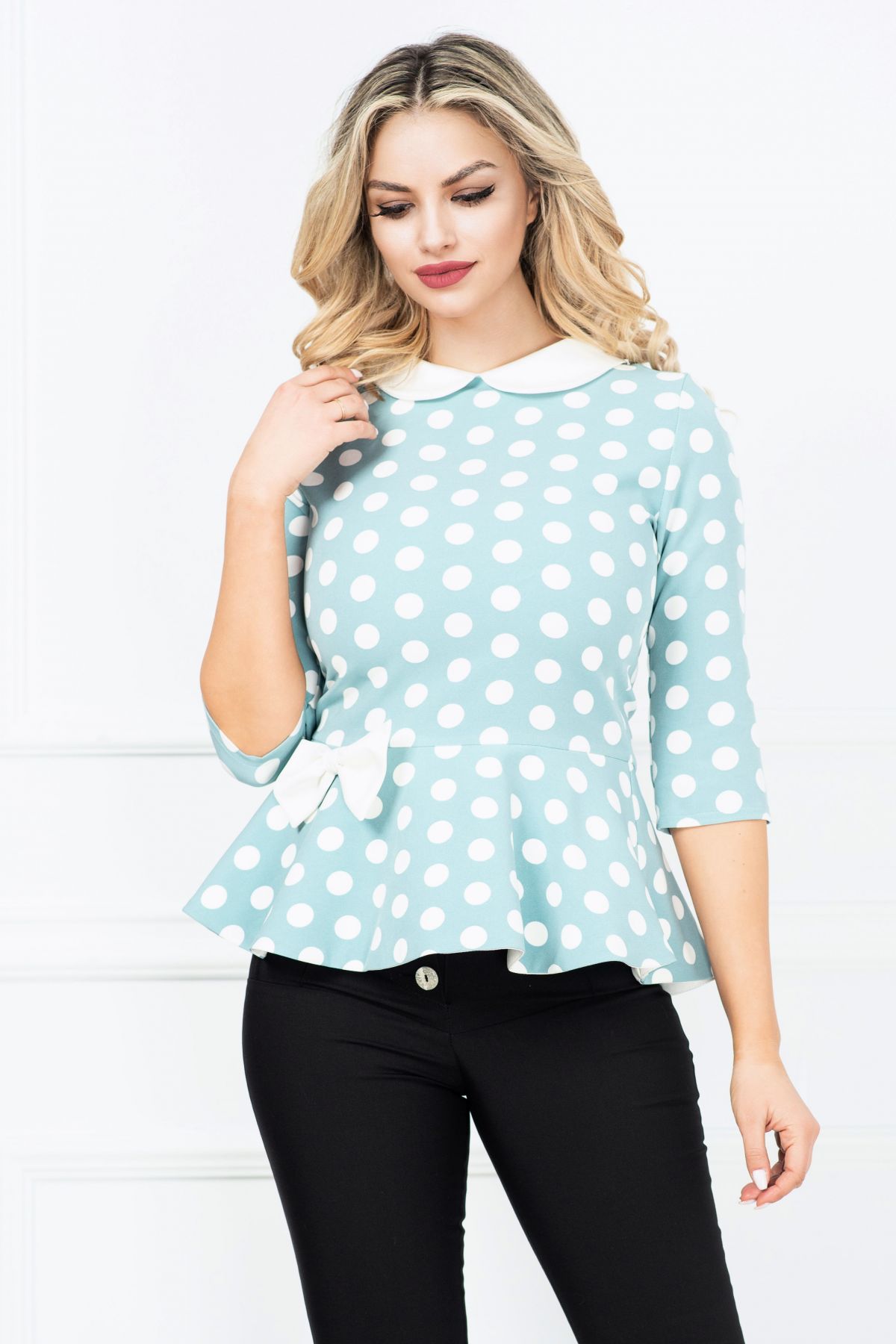 Bluza InPuff Turquoise cu Peplum și Buline