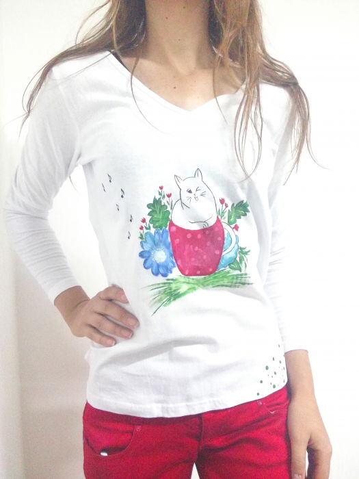 Bluza Pictată Manual Pisică Shopika