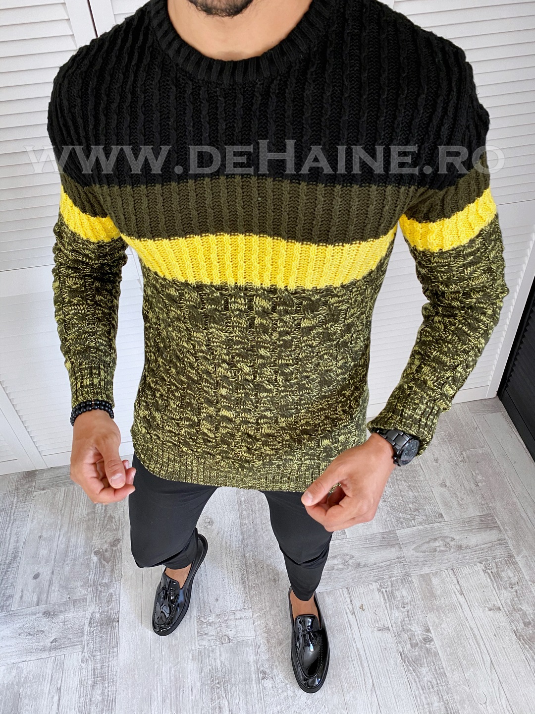 Pulover Barbati Kaki Slim Fit Gros