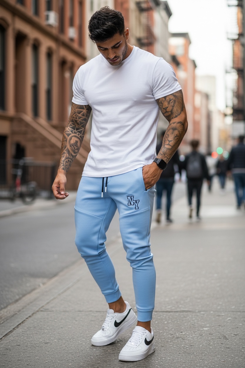 Pantaloni Trening Bleu Conici Stil Modern - imagine 2