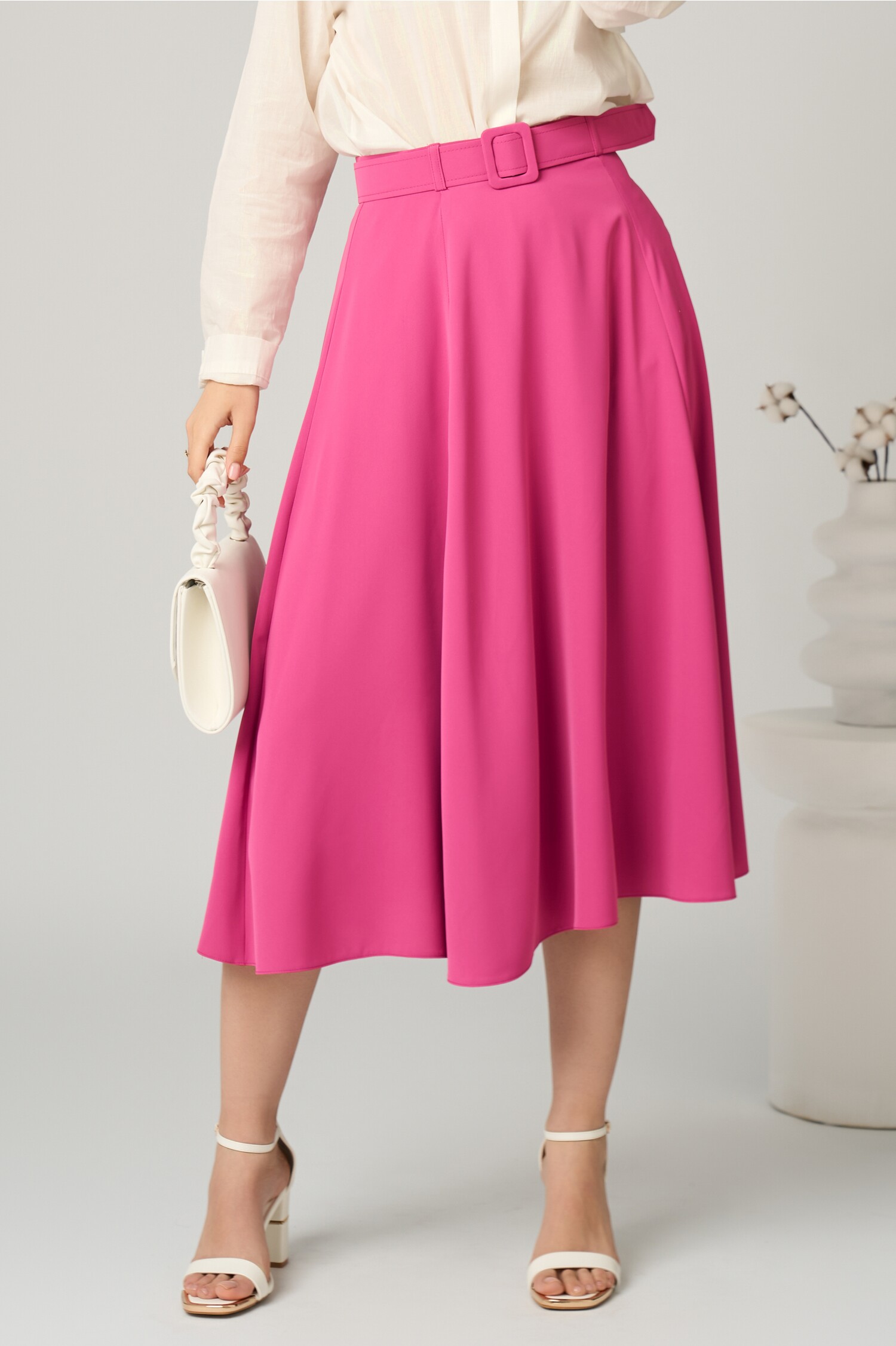 Fusta Midi Fucsia din Voal Clos | Office Elegant