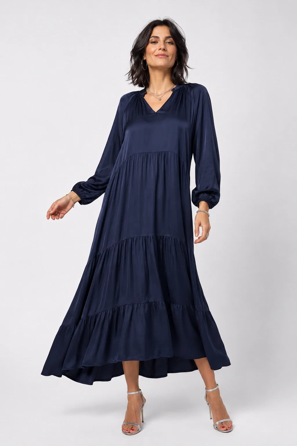 Rochie lunga din satin cu matase si vascoza, croi amplu cu volane - bleumarin