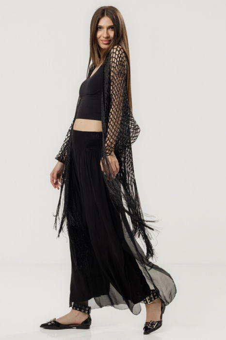 Poncho Negru Stilat cu Franjuri | Shopika