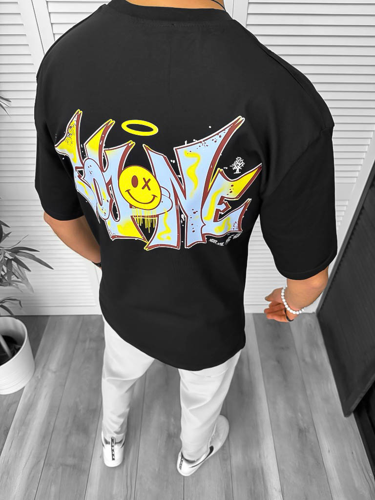 Tricou Barbati Negru Oversize cu Imprimeu