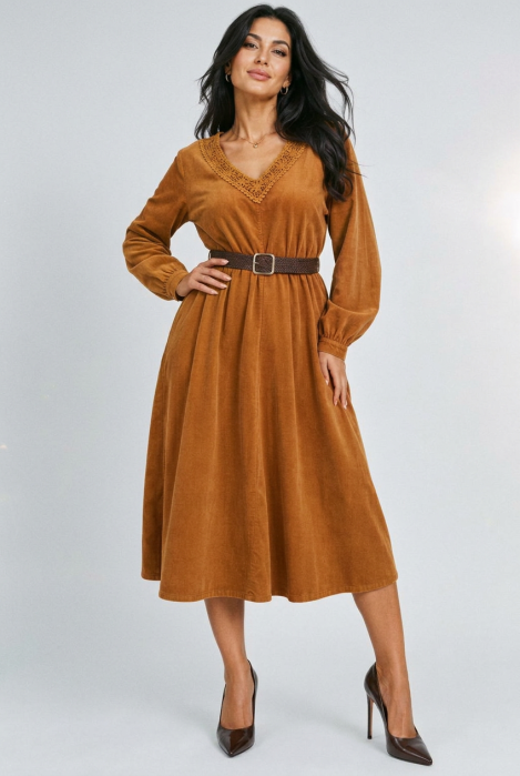 Rochie midi din catifea reiata de bumbac cu dantela si curea, camel