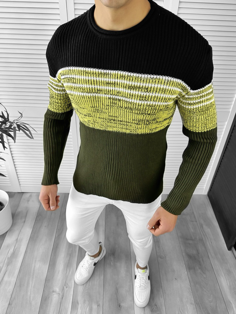 Pulover Barbati Kaki Gros Slim Fit Modern