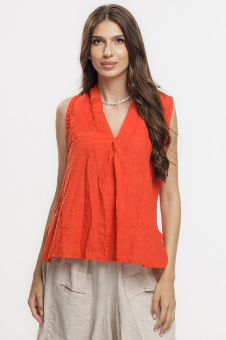 Bluza fara maneci din in cu decolteu si guler inalt, rosu tangerine