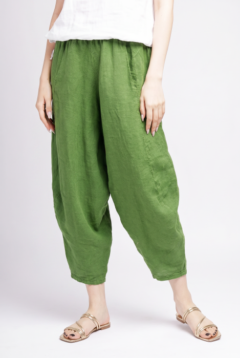 Pantaloni salvari din in cu croi lejer si volumetric, verde olive