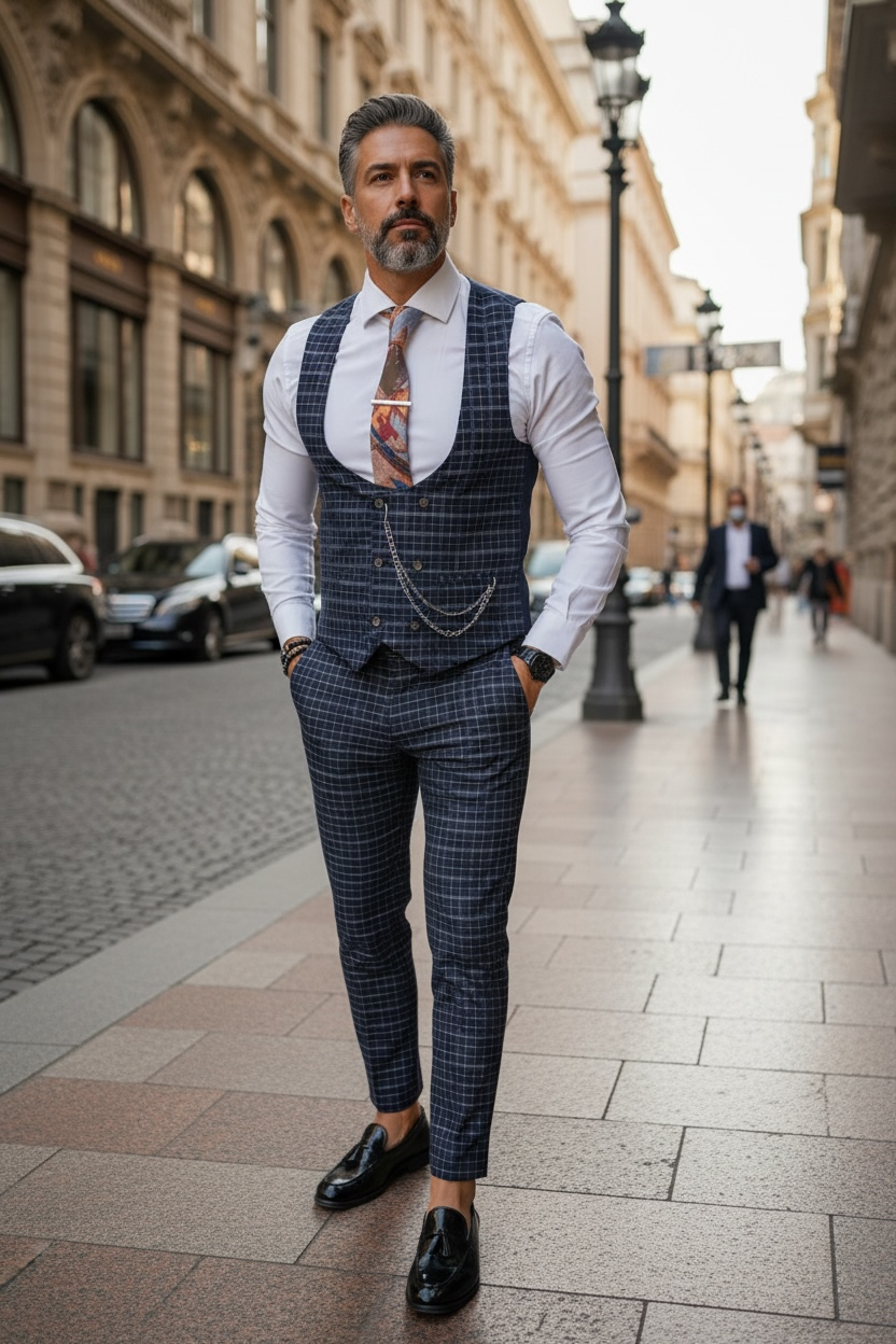 Compleu Elegant Barbati Bleumarin | Vesta si Pantaloni - imagine 2