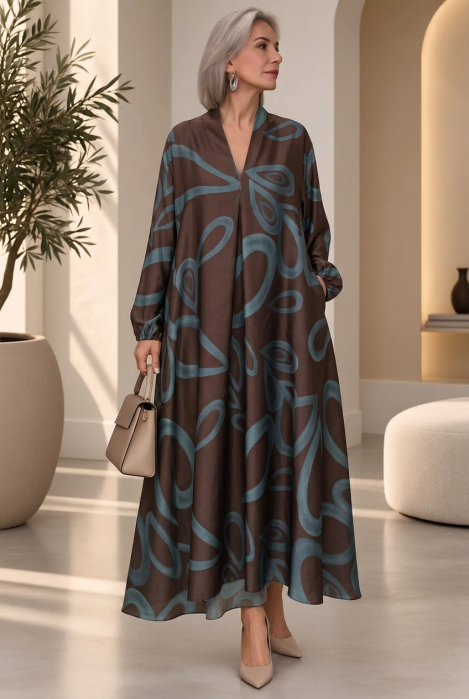 Rochie maxi din satin de matase si vascoza cu imprimeu grafic abstract maro turcoaz