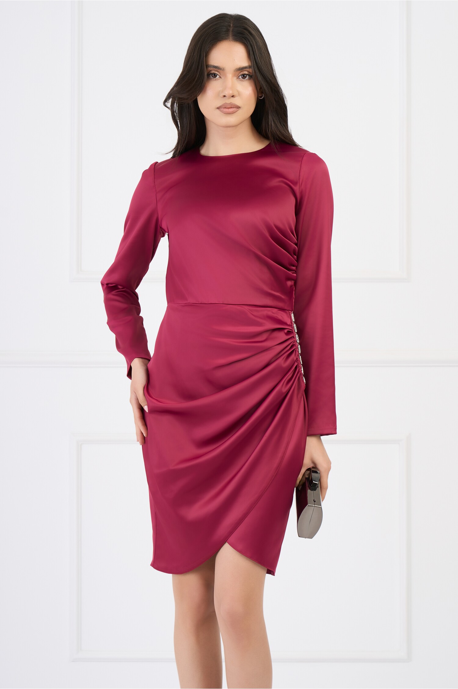 Rochie Eleganta Satin Magenta cu Fronseu