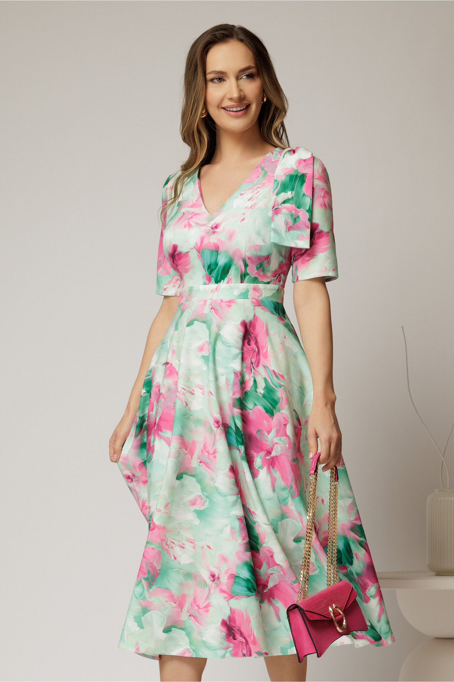 Rochie DYFashion Midi Clos Verde și Fucsia