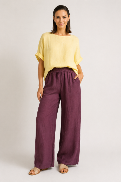 Pantaloni dama din in cu croi palazzo si talie elastica, mov pruna