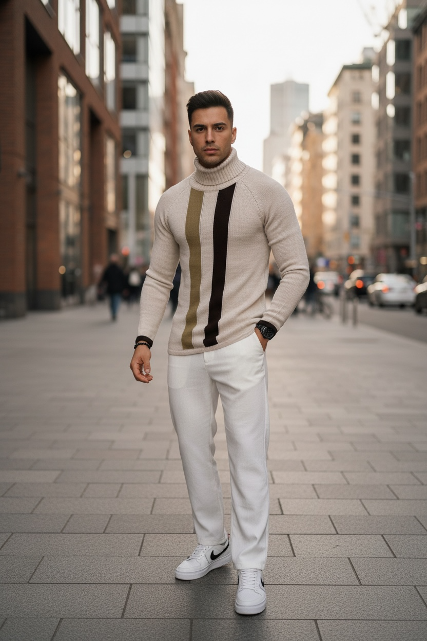 Pulover Barbati Gros Slim Fit Bej