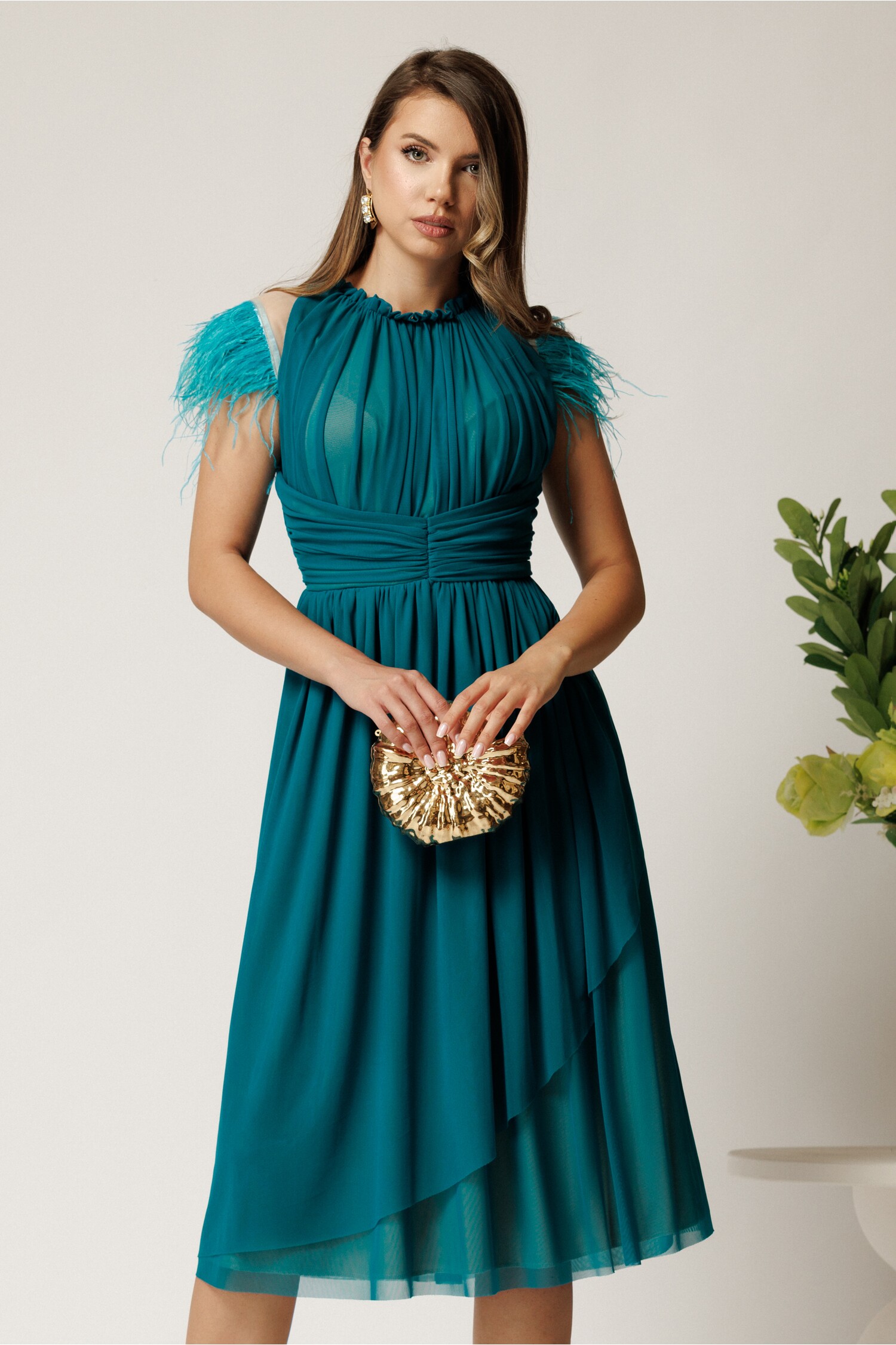 Rochie DY Fashion Turcoaz cu Pene Eleganta