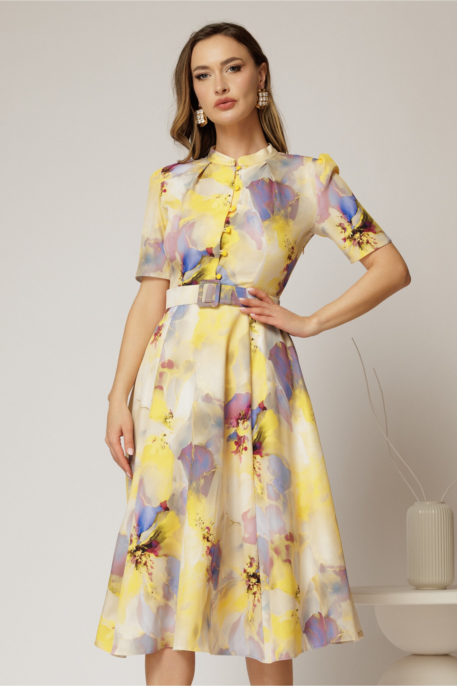 Rochie DY Fashion Midi Galben Clos Cu Curea