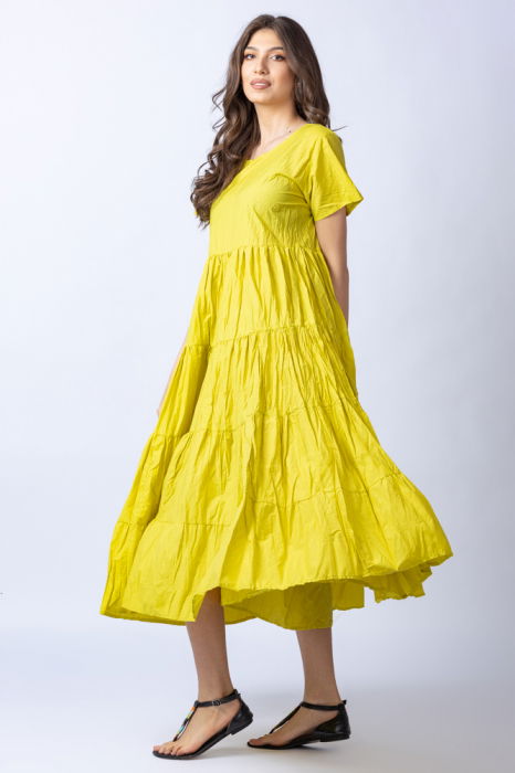 Rochie Elegantă Galbenă cu Volane - Shopika