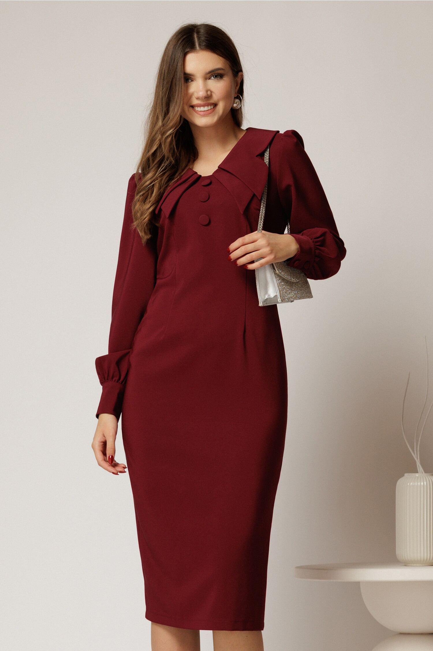 Rochie Conica Magenta Office cu Guler Dublu
