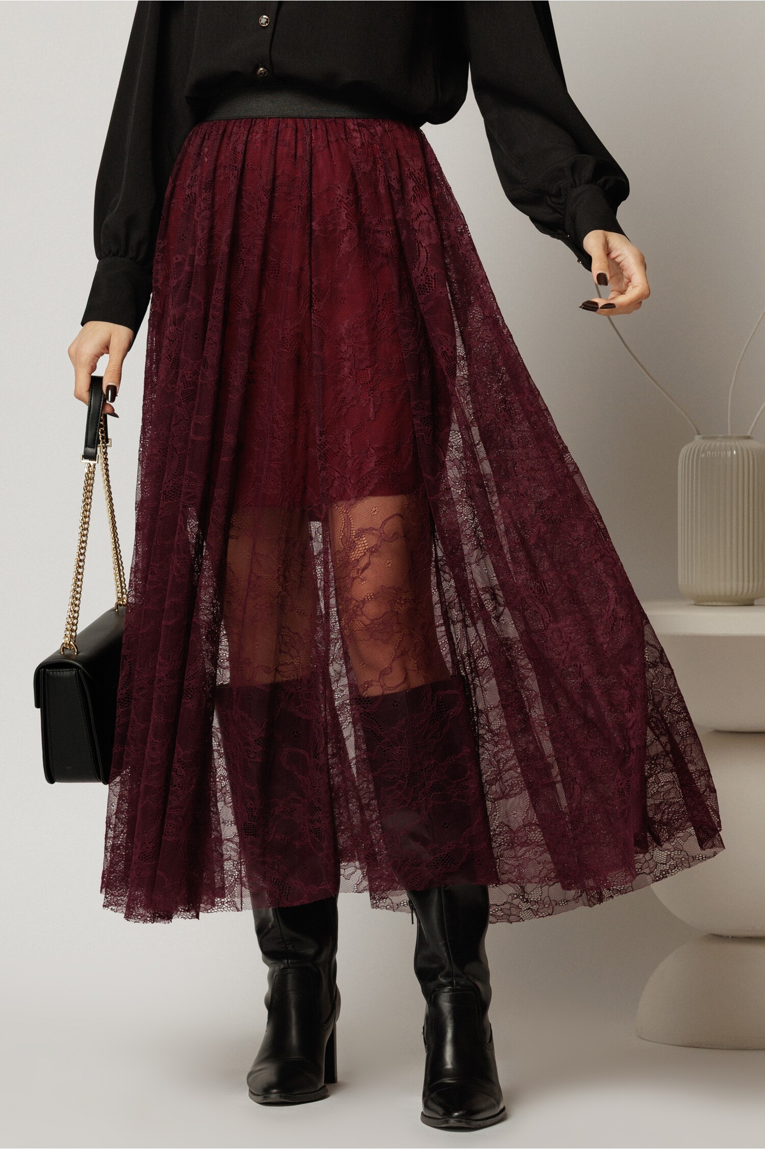 Fusta Midi Dantela Bordo | Eleganță și Confort