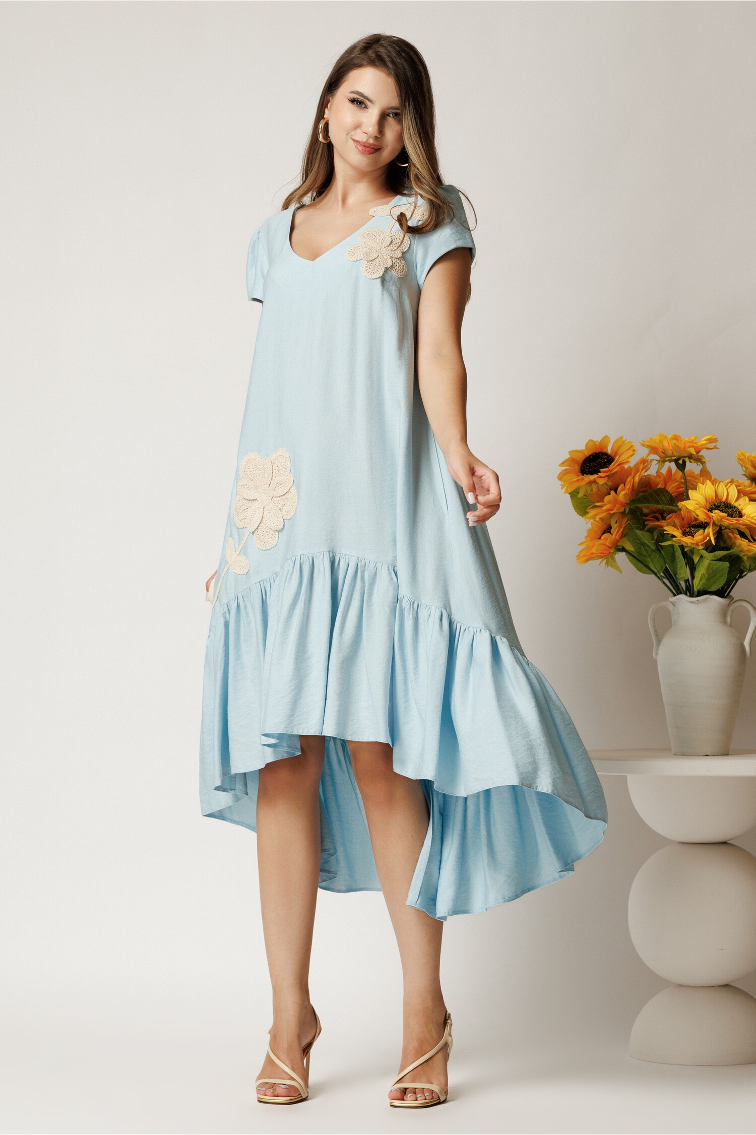 Rochie Midi Elegantă Bleu cu Broderie Florală