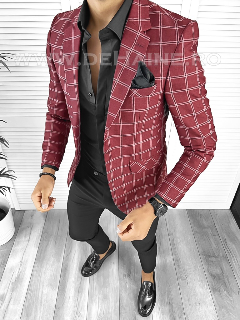 Sacou Bărbați Slim Fit Grena Carouri Elegance