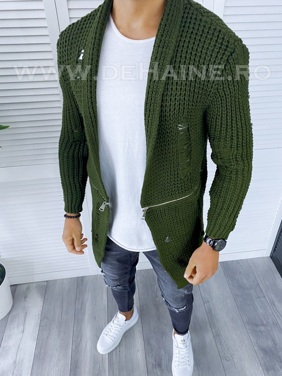 Cardigan Barbati Kaki Slim Fit Tip Zara