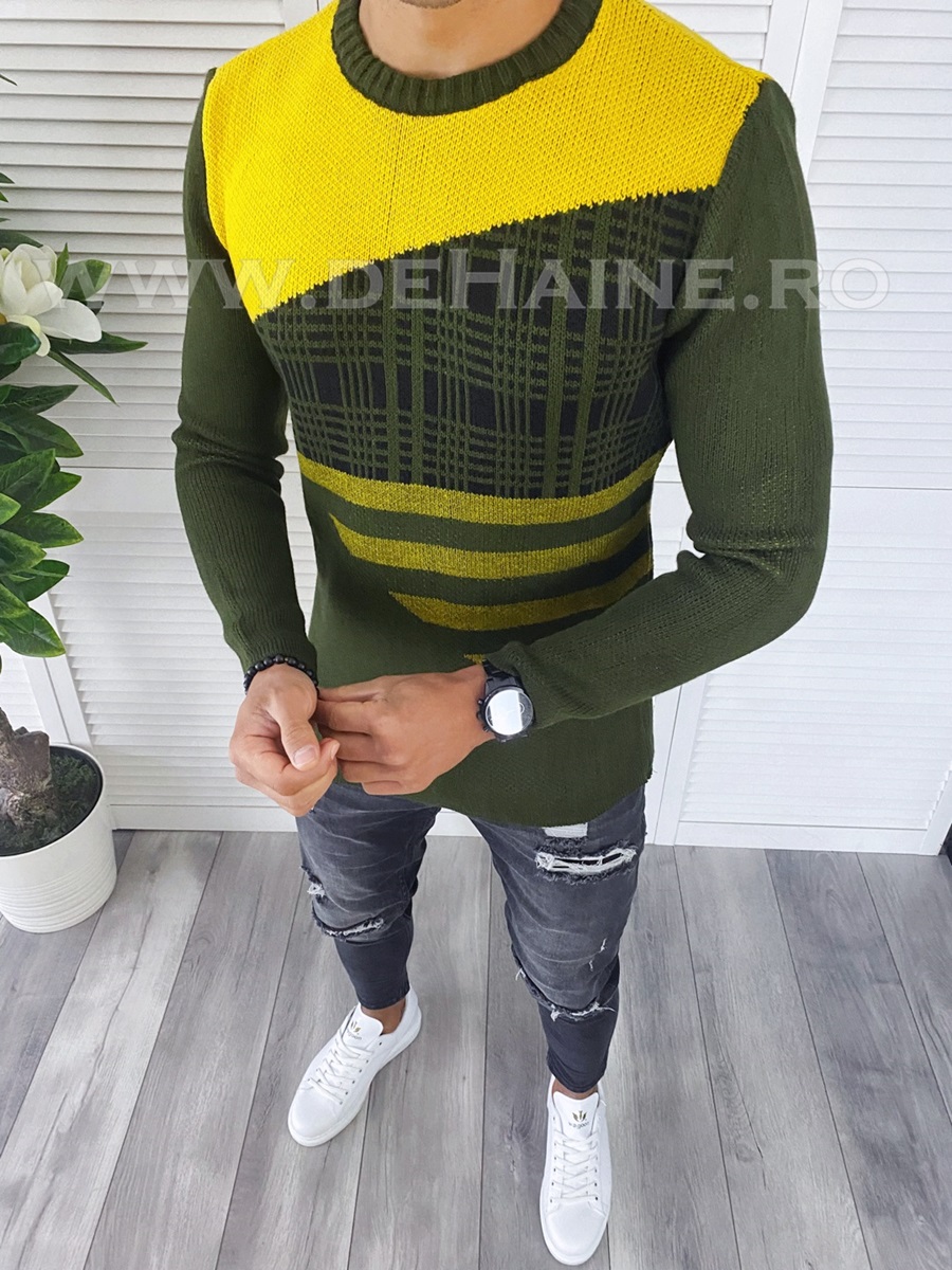 Pulover Barbati Kaki Slim Fit Stil Modern
