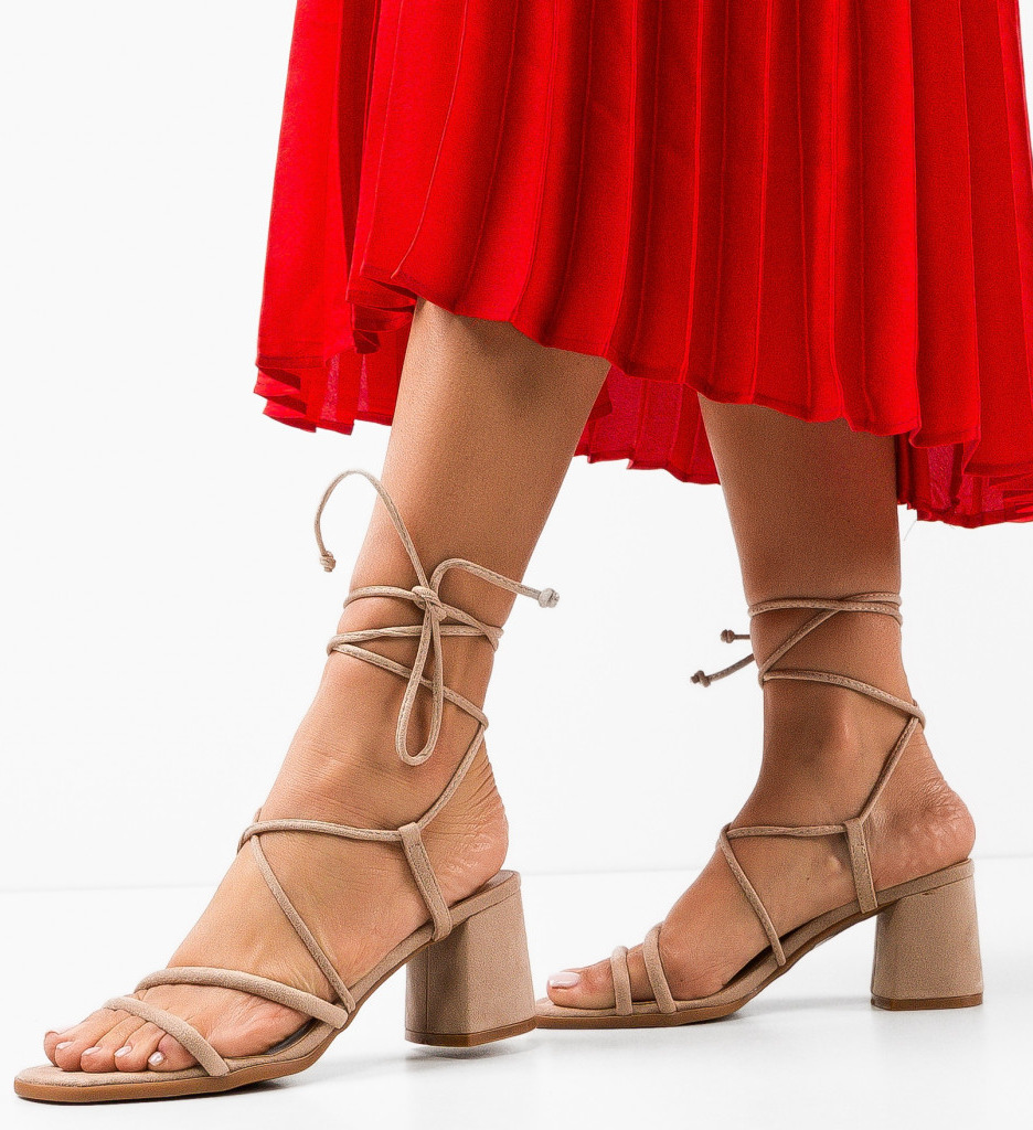 Sandale Calf Bej cu Toc Elegante - imagine 2