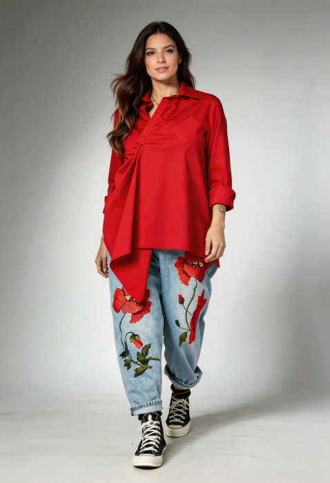 Jeans Denim Brodati cu Maci Rosii 3D ,   Piesa Statement