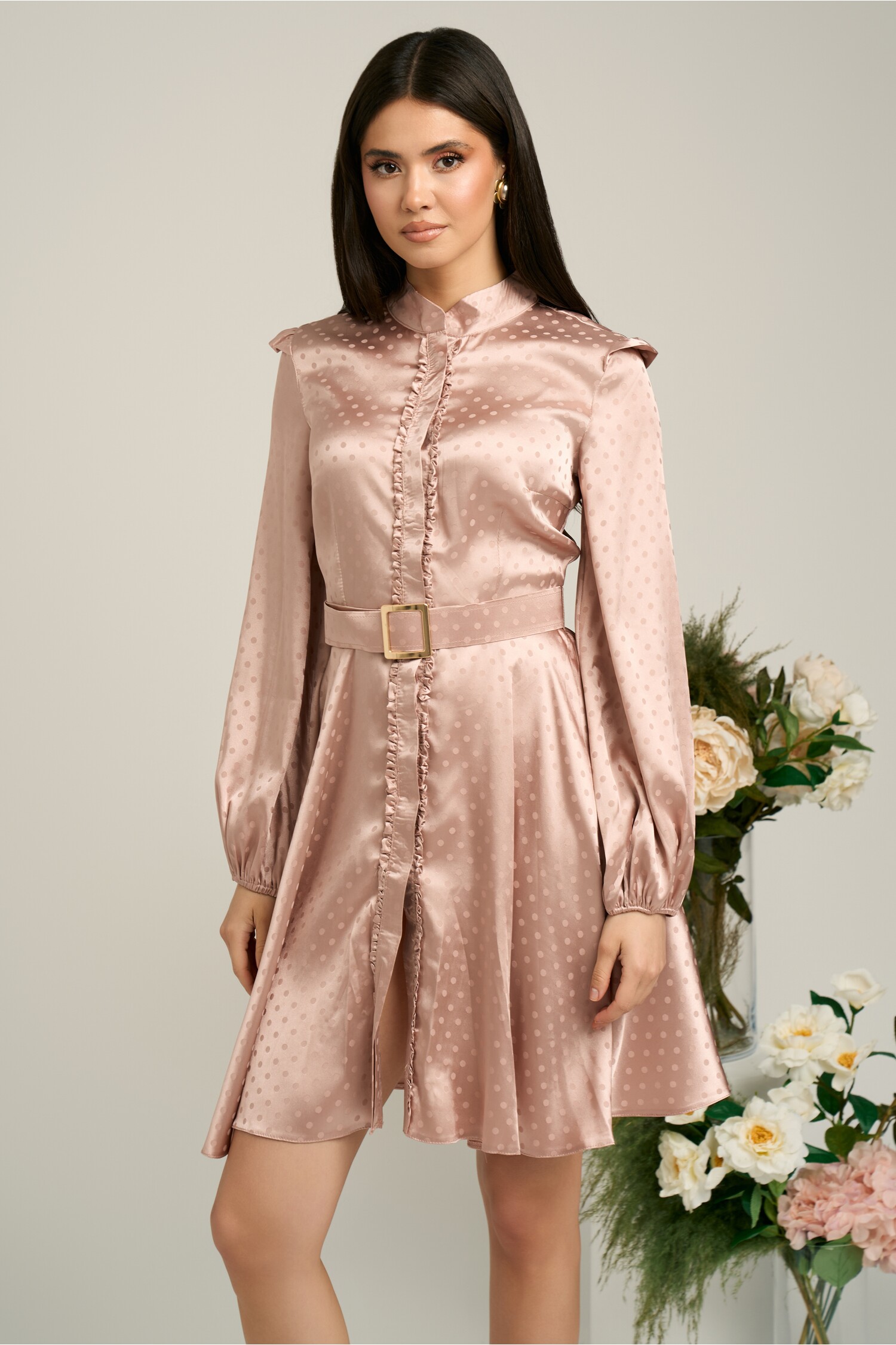 Rochie Dy Fashion roz cu buline si curea detasabila