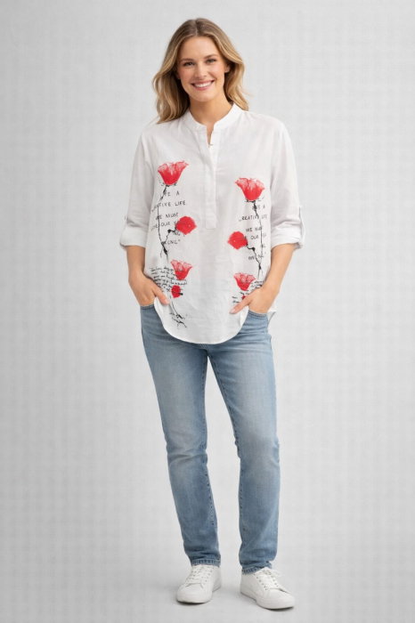 Cămașă Albă Bumbac Maci Stilizati | Shopika