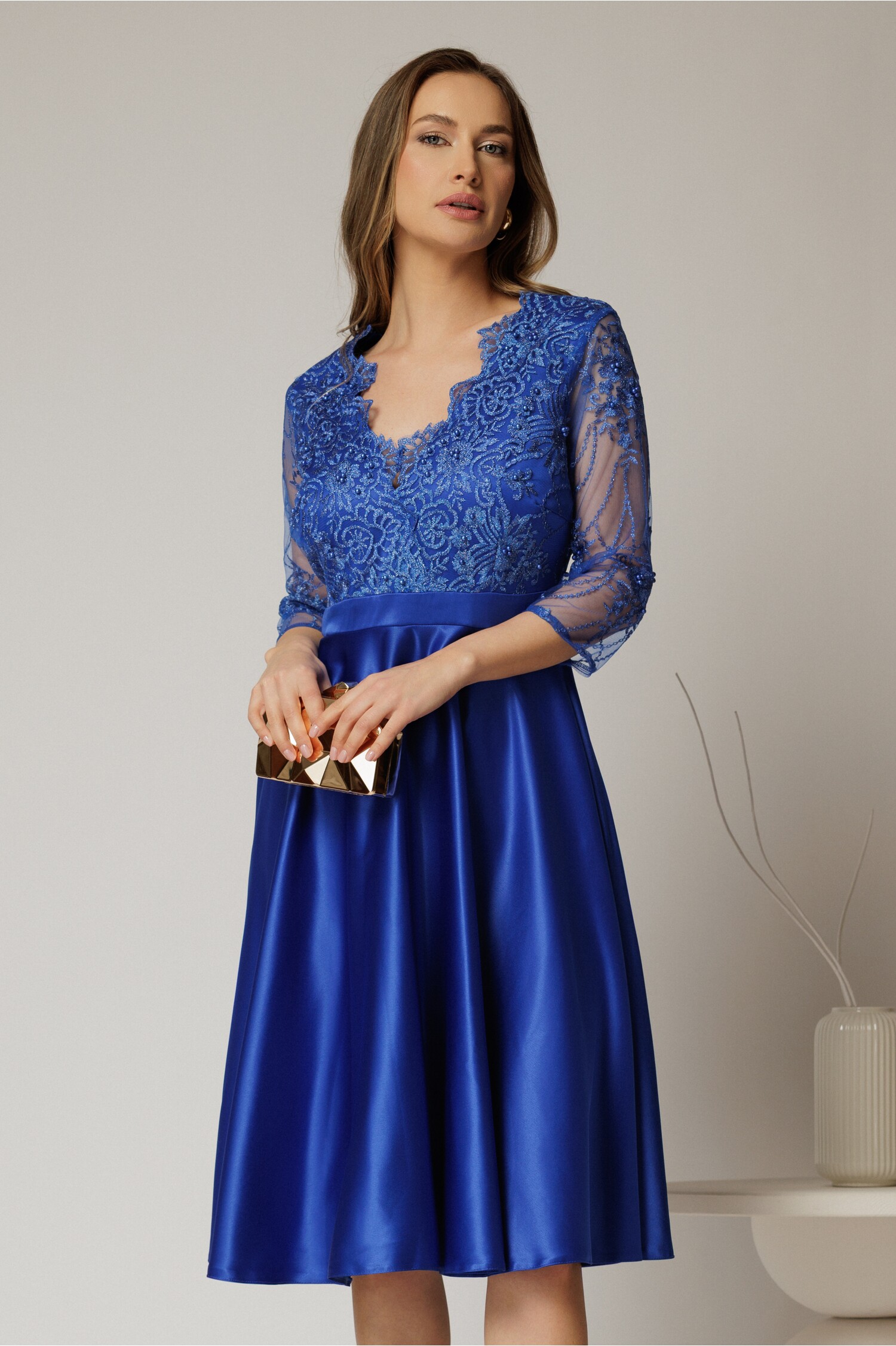 Rochie Inna Midi Albastră din Taftă cu Dantelă