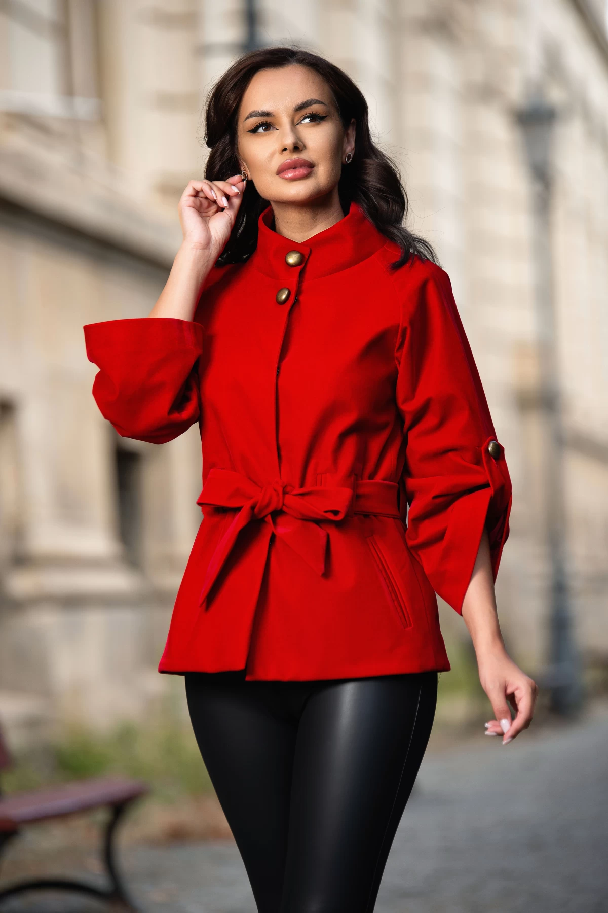 Jacheta Effect Catifea Roșie Stil Eleganță