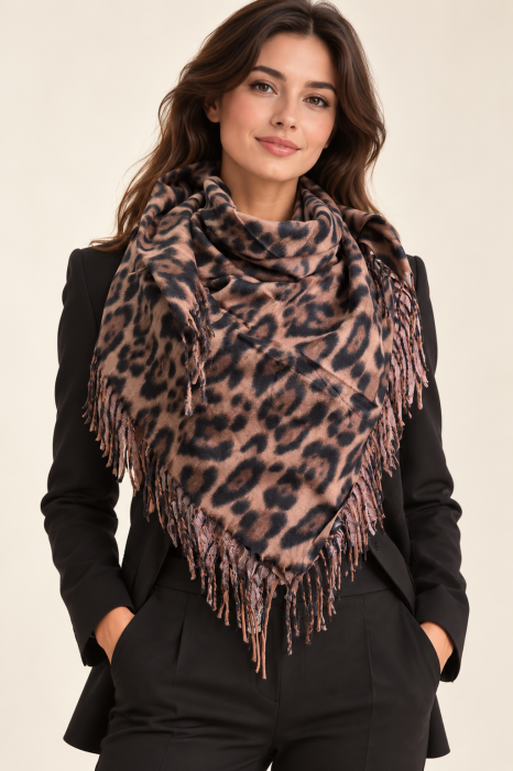 Esarfa patrata mare, imprimeu animal print cu maron si negru