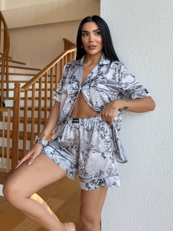 Set Pijama Dama Delis Satin Silver Garden - imagine 4