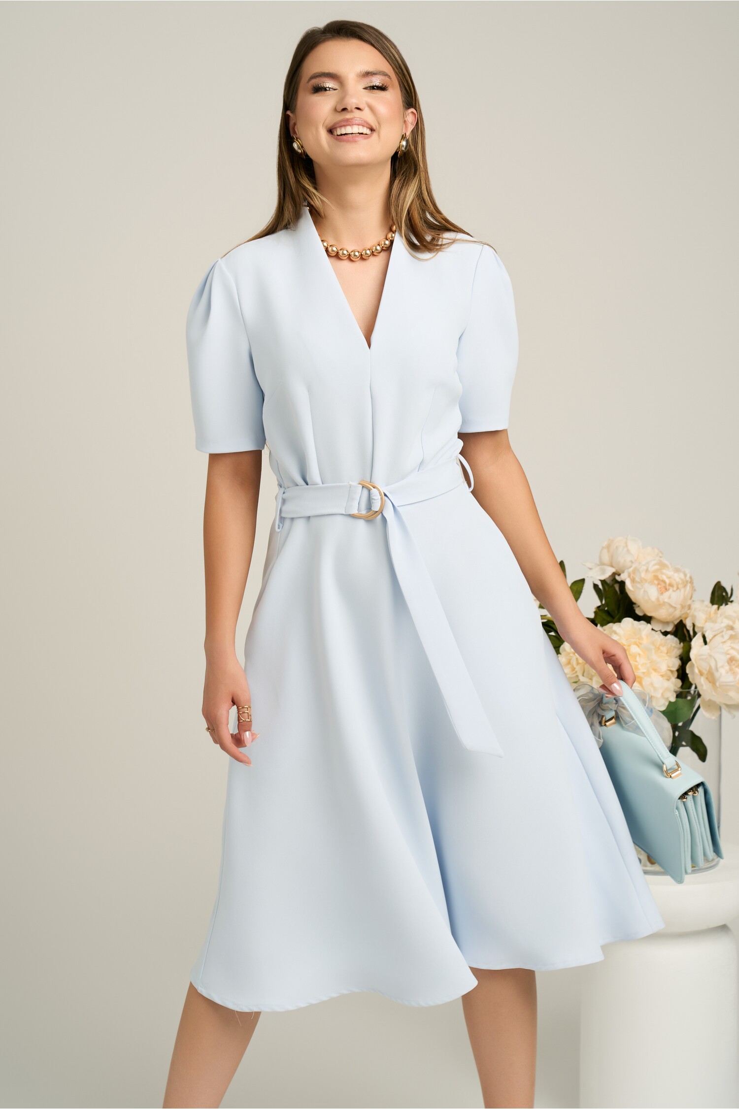 Rochie Stofa Bleu cu Cordon și Decolteu V