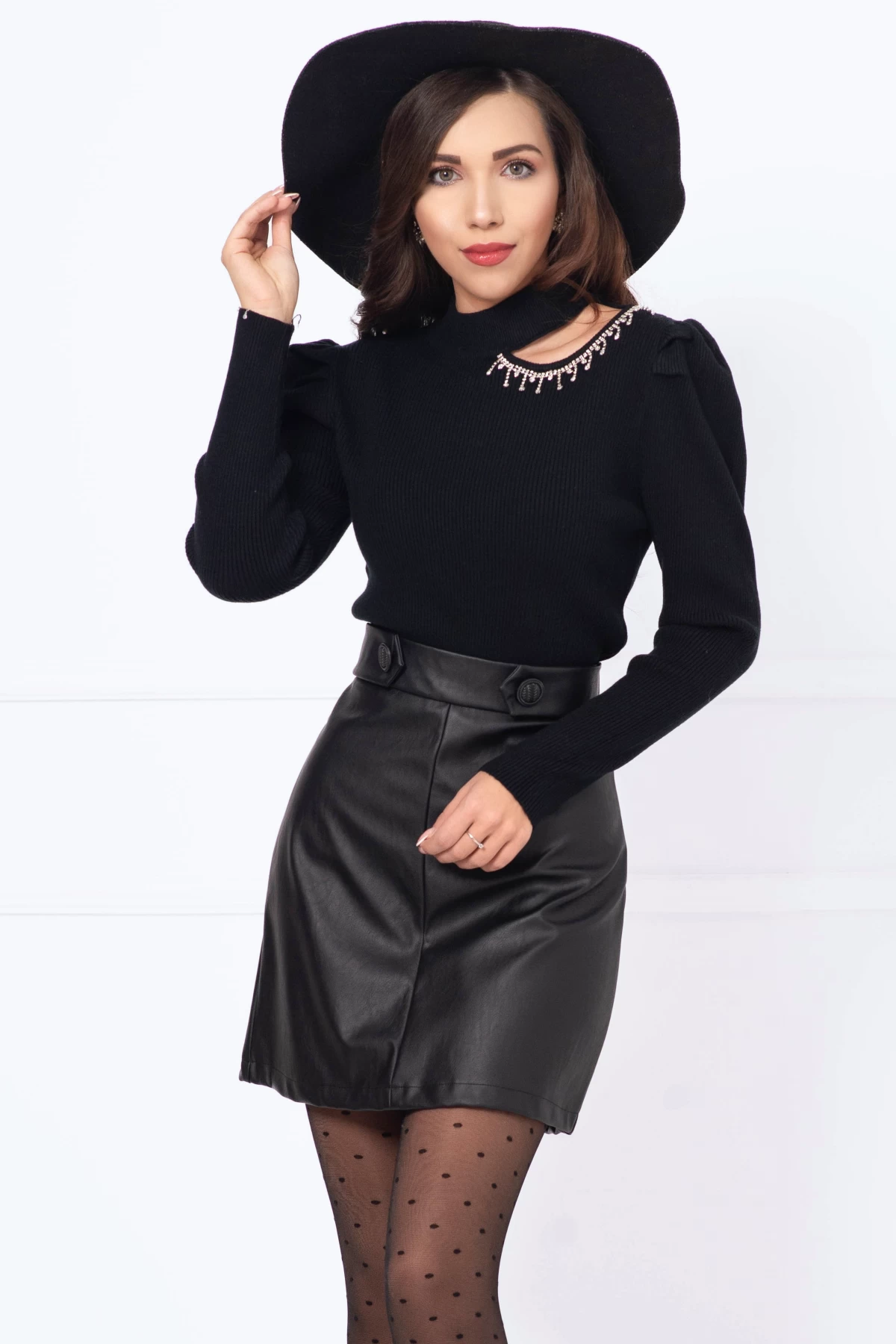 Pulover Inpuff Basic Negru cu Strassuri Elegant