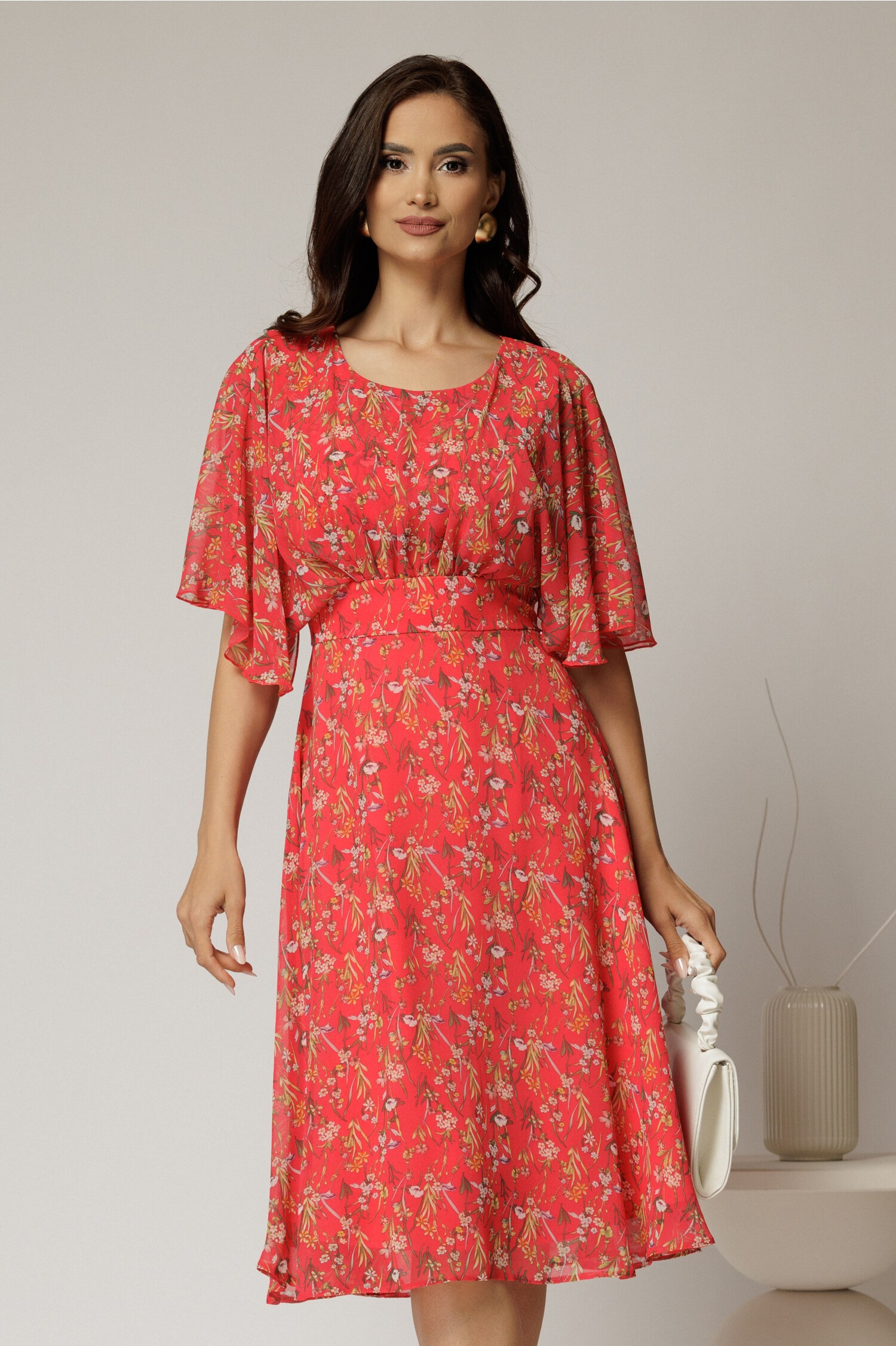 Rochie Midi Voal Coraliu cu Imprimeuri Elegante
