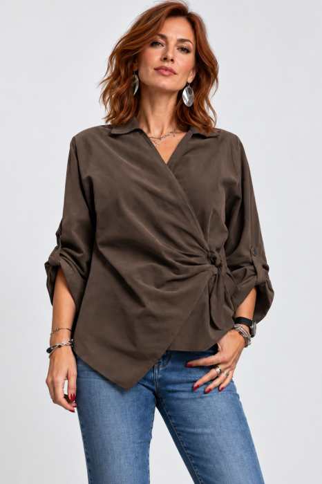 Bluza petrecuta din catifea reiata de bumbac cu drapaj lateral, bordo - Copie