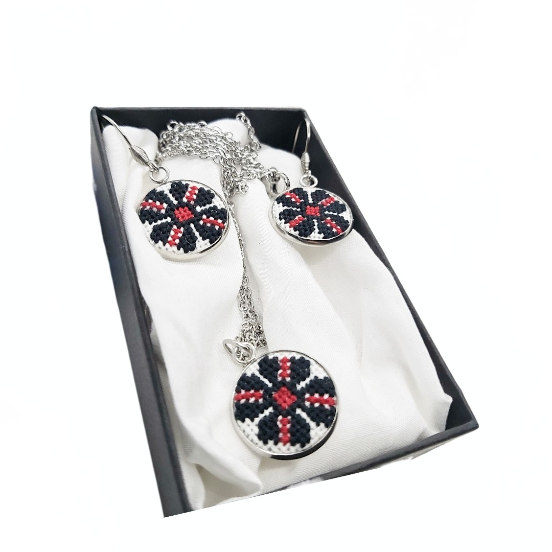 Set bijuterii inox broderie traditionala model etno rosu si negru