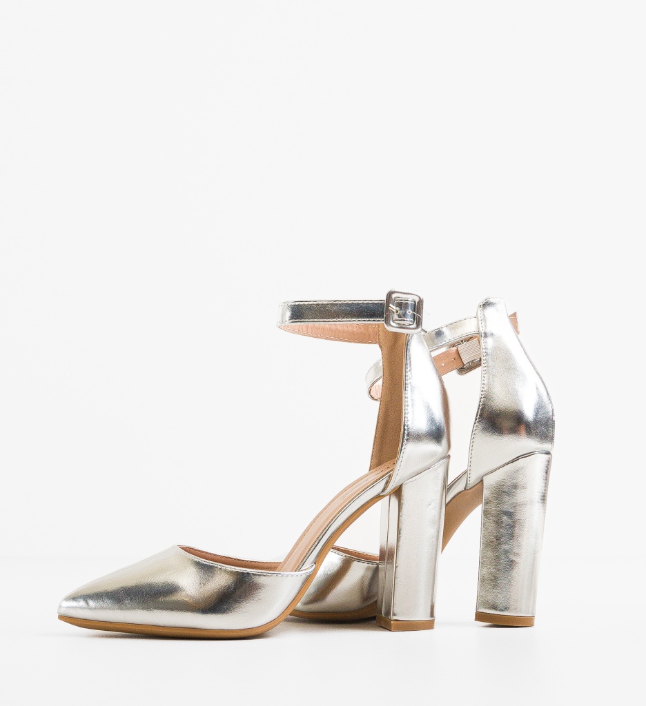 Pantofi Anjali Argintii Eleganți cu Toc - imagine 3
