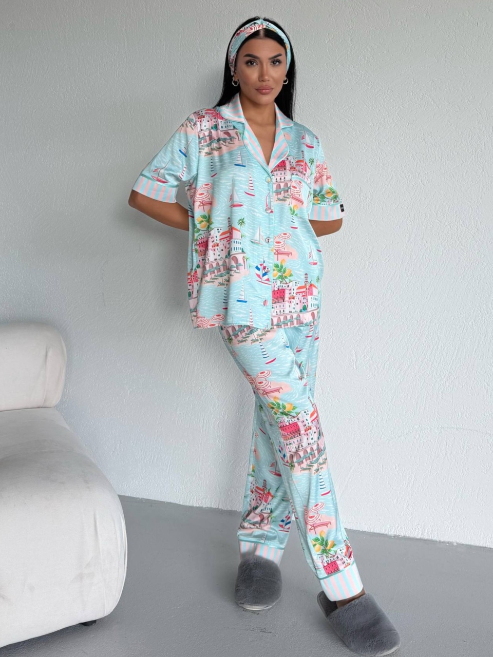 Set Pijama Dama 2 Piese Delis, Satin Mat cu Nasturi - imagine 3