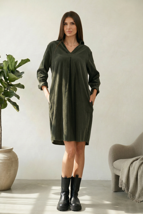 Rochie Catifea Kaki Shopika | Eleganta Versatila - imagine 2