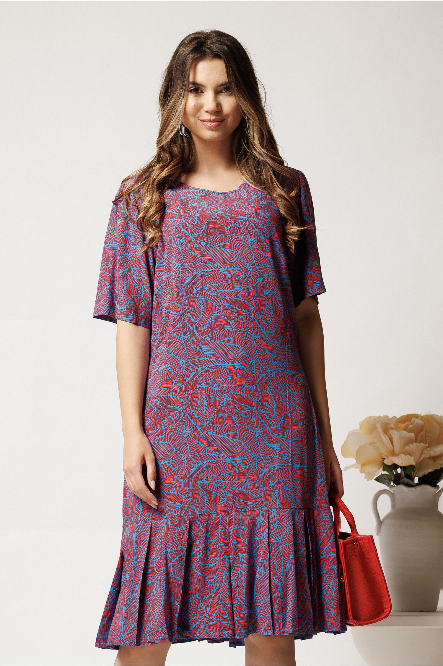 Rochie Midi Viscosă Imprimeu Corai - Eleganță și Confort