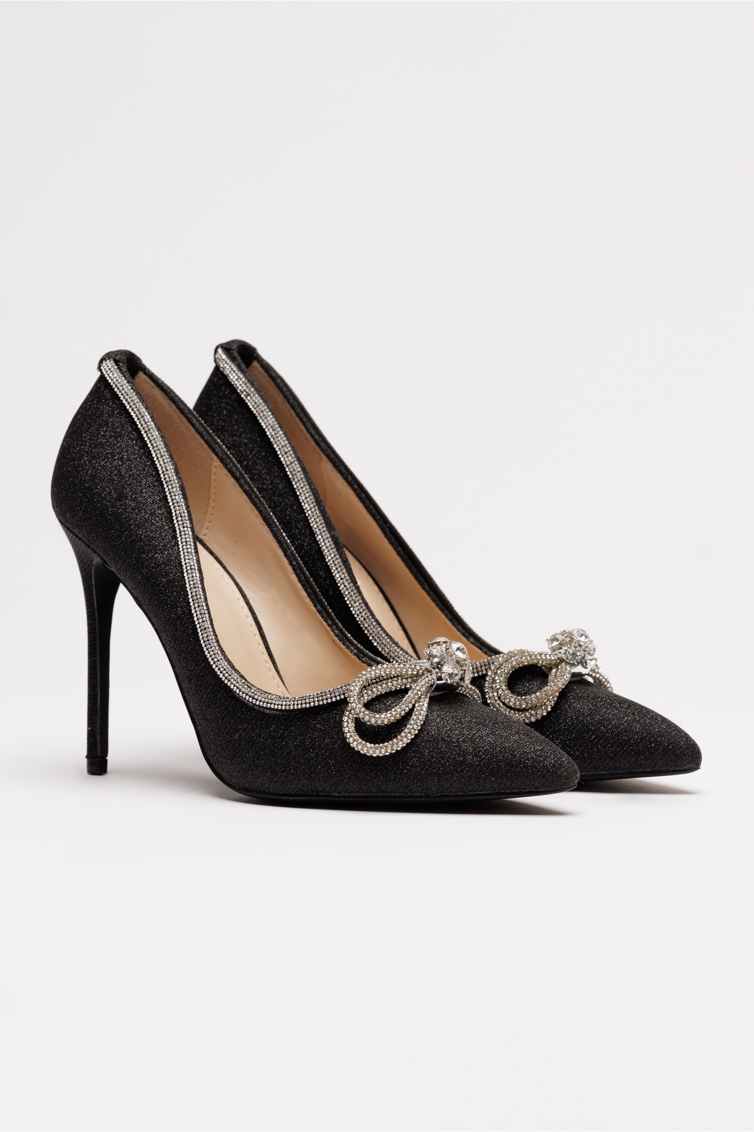 Pantofi negri eleganți cu glitter și fundă