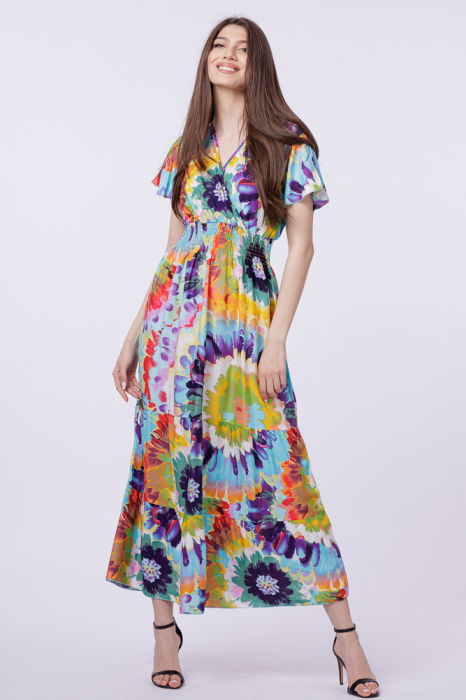 Shopika Rochie Floral Turcoaz cu Talie Evidențiată - imagine 1