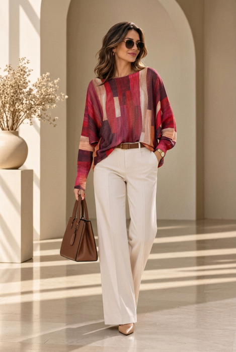 Bluza cu maneca fluture si imprimeu pictural  pensulat, magenta