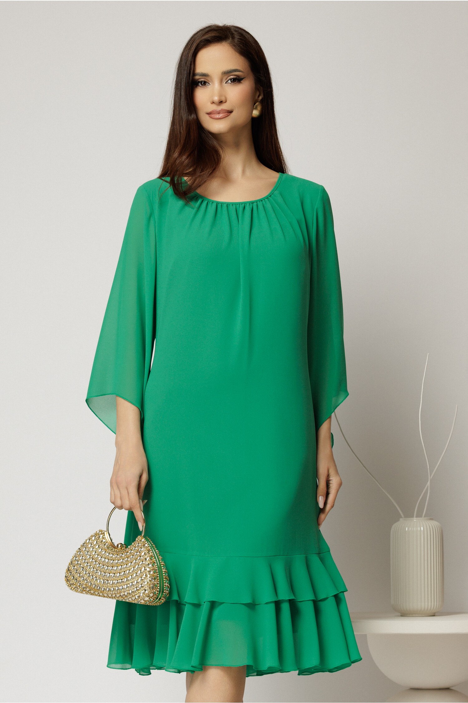 Rochie Midi Voal Verde cu Volanase și Croi Lejer