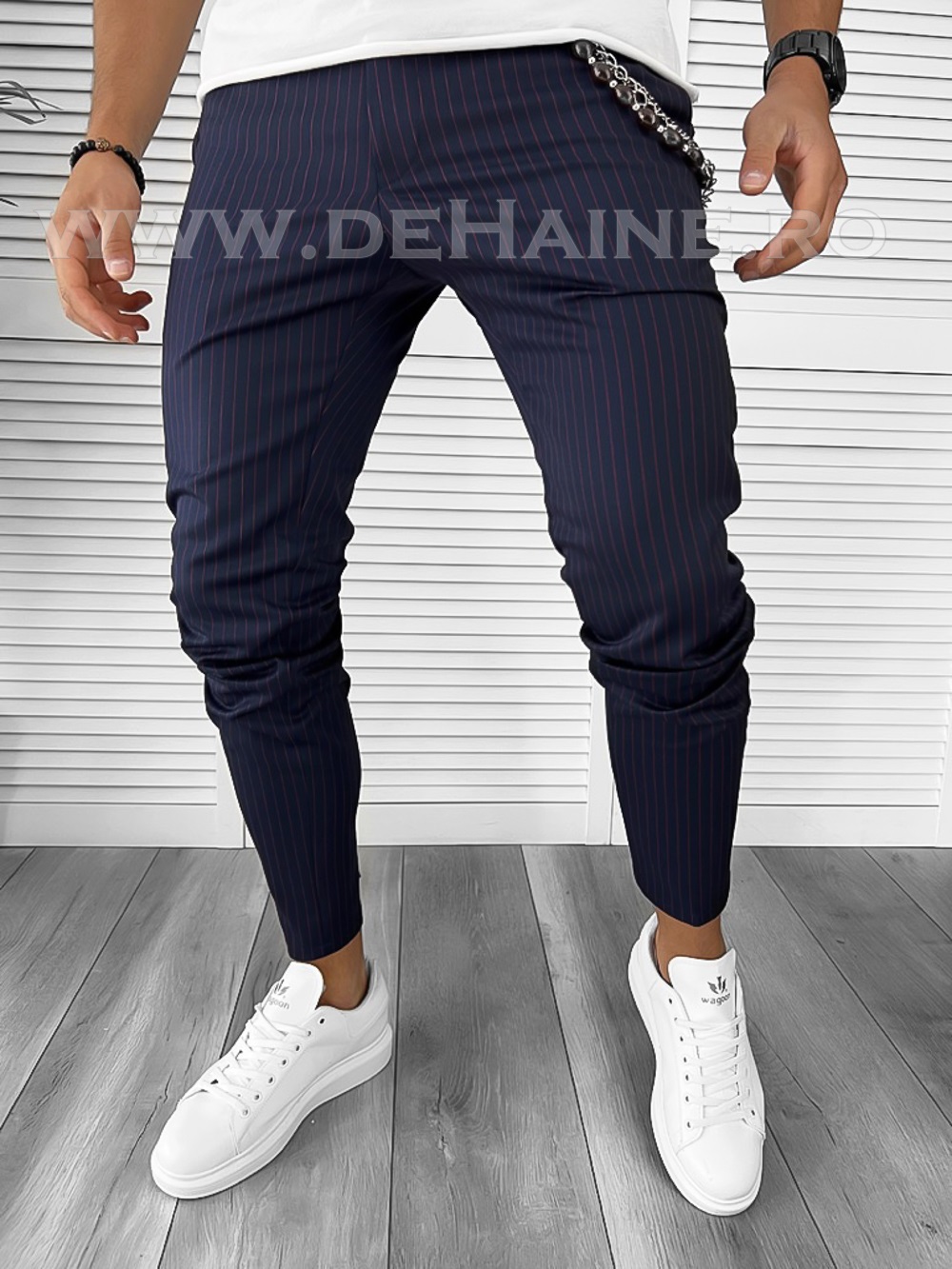Pantaloni Barbati Bleumarin in Dungi din Bumbac